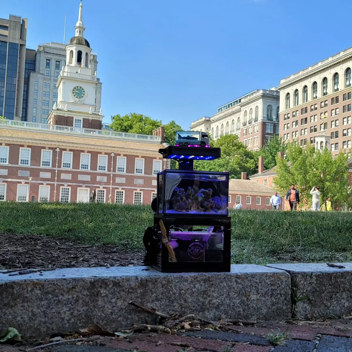 The Roaming Reef, a lit-up micro reef tank, on a ledge in front of Independence Hall in Philadelphia